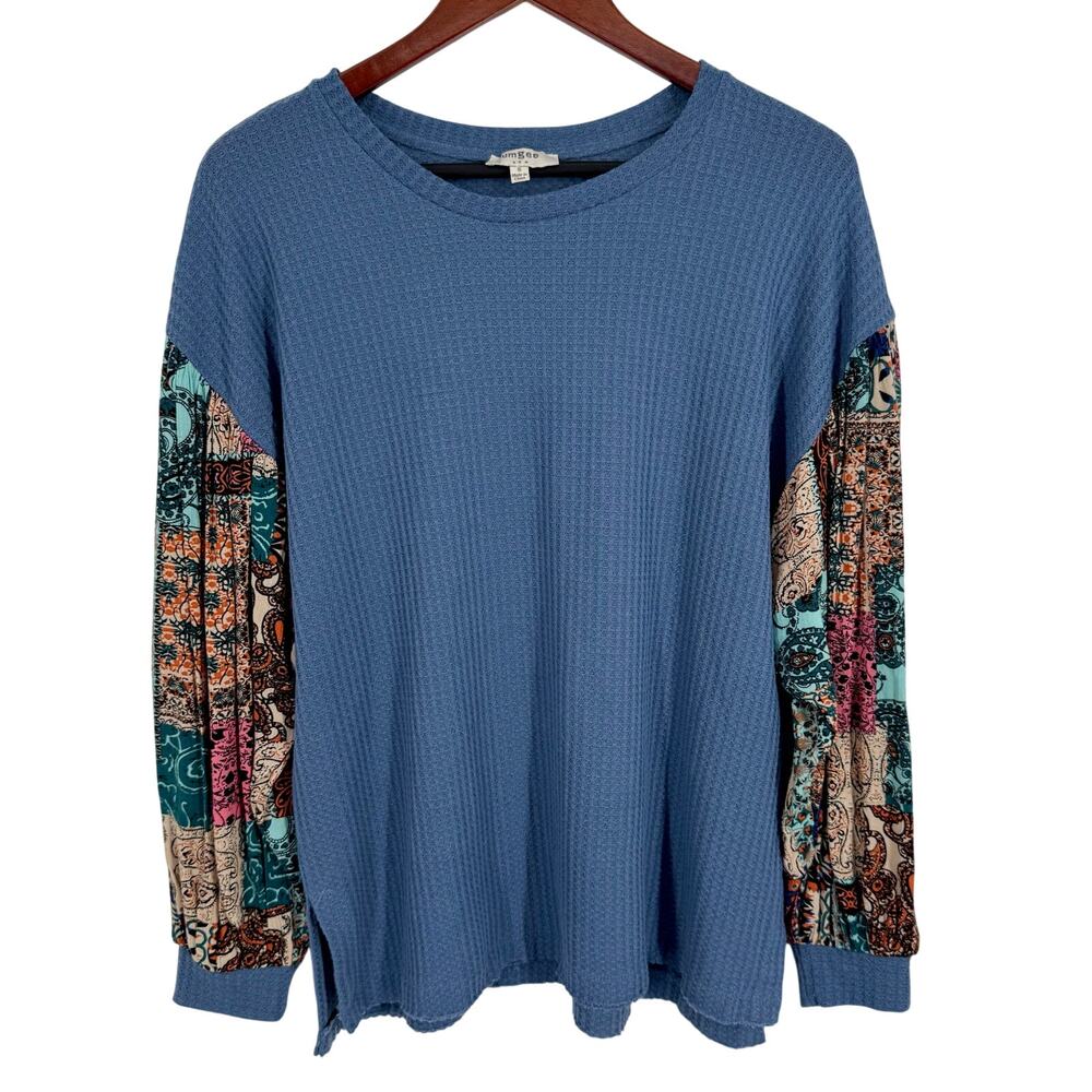 UMGEE Sz Small Blue Long Sleeve Artsy Cozy Winter Shirt Top Patchwork Design